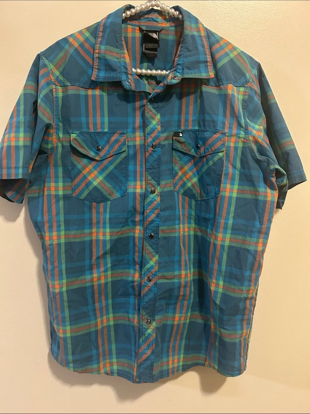 The North Face Men's Size M Plaid Snap Button Short Sleeve Shirt Blue Orange